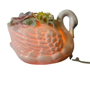 Vintage Irice Japan Porcelain Swan Night Light Floral Ceramic Accent Lamp White